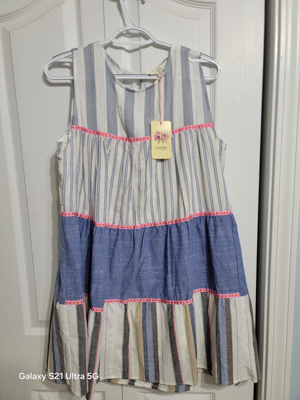 Entro Blue and Cream Striped Dress with Pink Ribbon and Orange Dot Trim NWT